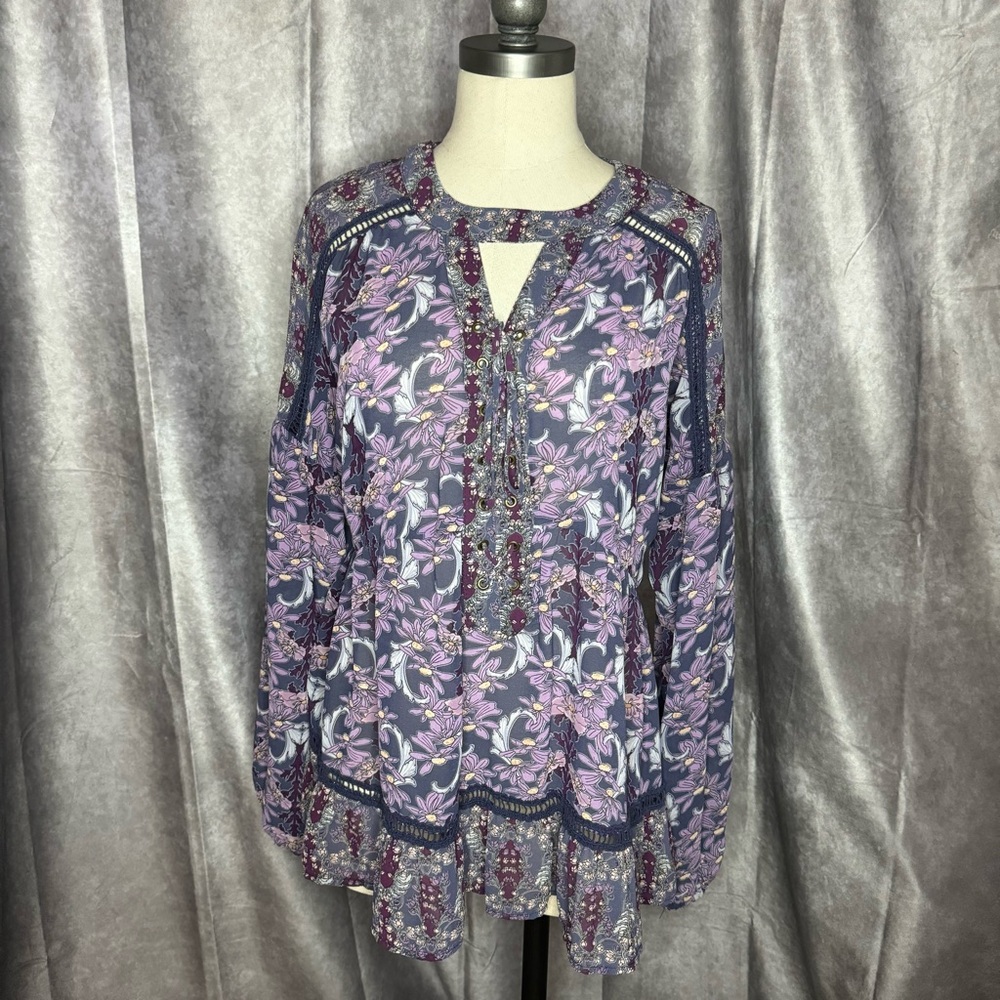 Xhilaration Long Sleeve Blouse Boho Purple Sheer Crochet Floral Top